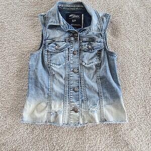Silver Jeans Denim Vest Womens S Blue Distressed Button Up Pockets Raw Hem Y2K